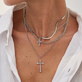 APMUTSS Layered Cross Necklace for Women, Stackable Dainty Silvery Trendy Chain Jewelry for Everyday Wear