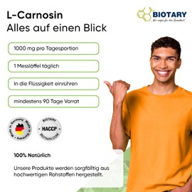 L-Carnosin Pulver 90g | 1000 mg Tagesportion | inkl. Messlöffel | 100% reines veganes L-Carnosin Pulver | hochdosiert und ohne Zusatzstoffe | hohe Bioverfügbarkeit | Laborgeprüft