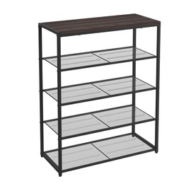 ClosetMaid 5-Tier Shoe Rack, Storage Organizer, with Wood Top Shelf, 4 Metal Mesh Shelves, for 15 Pairs of Shoes, Modern Walnut/Black