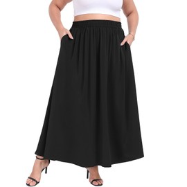 Lastshe Plus Size Maxi Skirts for Women Casual Elastic High Waisted Hide Drawstring Flowy A-line Long Skirt with Pockets,Black,3X