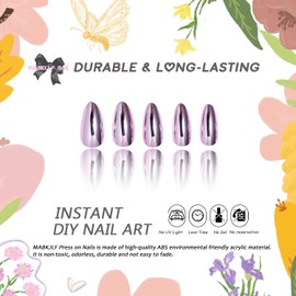 Baby Pink Chrome Press on Nails Medium Almond, MABKJLF Mirror Metal Stiletto Fake Nails Acrylic Nails with Bling Design, Fall Winter Glue on Nails for Daily Party Wear, False Nails Press ons in24 PCS