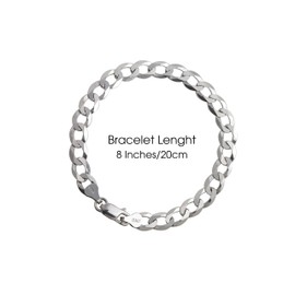 Aka Gioielli® - Men Women 925 Sterling Silver Rhodium Bracelet - 7.4mm Flat Cuban Curb Chain - Sizes: 8 inch