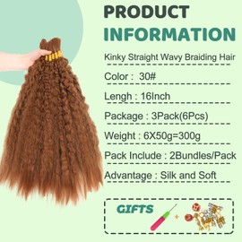 XIIMENALU Kinky Straight Wavy Braiding Hair for Boho Braids, Wet and Wavy Bulk Hair for Braiding, No Weft, Yaki Straight Bulk Hair for Micro Braiding Rebundle Braids (30#, 16 Inches (3 Pack (6 Pieces)