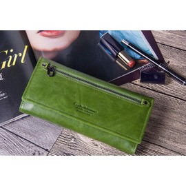 CONTACTS Genuine Leather Women Wallet RFID and Multifunctional Slim Bifold Zipper Clutch Wallet, seaweed green