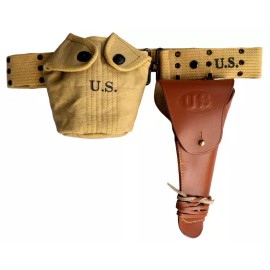 M1936 Canvas Pistol Belt with M1911 Colt Holster and Canteen Bottle Set-TAN