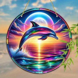 Vibrant Dolphin Sunrise Acrylic Stained Windows Hanging Suncatcher,Flower Stained Acrylic Suncatchers Window Ornament Stained Glass Panel Sun Catcher Wall Hanging Decor Birthday Gifts