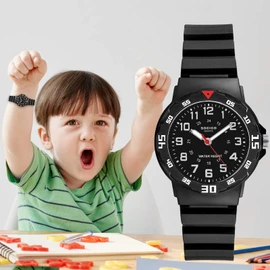 SOCICO Children Analog Watch Waterproof Time Teaching Boys Girls Watch Soft Band Learning Time Wristwatch for Kids (Black - Black face)