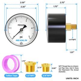 MEANLIN MEASURE 0-5Psi Diaphragm Type Capsule Low Pressure Gauge 1/4" NPT 2-1/3" FACE DIAL Adjustable Water Column Gauge, with 1/4" x 1/2" NPT and 1/4" x 3/8" NPT Hex Bushing, Back Mount
