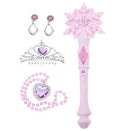 JOINPAYA Snowflake Princess Wand Set for Kids Girls: LED Light Up Wand Crown Necklace Earrings Set for Birthday Party Cosplay Without Batteries, Pink, 32.00X11.00X3.00cm