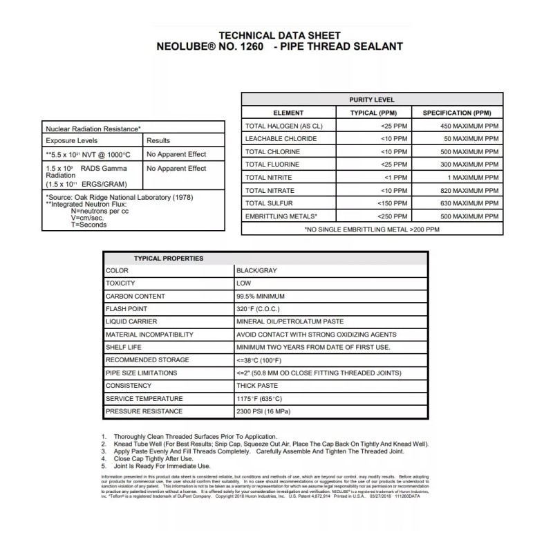 Neolube No. 1260 Pipe Thread Sealant High Temperature, Pressure &