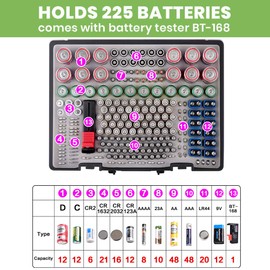 Battery Organizer Storage Holder- Batteries Case Containers Box with Tester Checker BT-168. Garage Organization Holds 225 Batteries AA AAA C D Cell 9V 3V Lithium LR44 CR2 CR1632 CR2032 (Black)