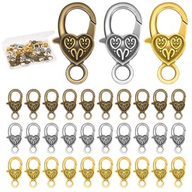 BENBO 30Pcs Heart Lobster Claw Clasps Tibetan Metal Lobster Clasp Antique Heart Shaped Alloy Lobster Clips Hooks with Box for DIY Necklaces Bracelets Keychains Jewelry Making Finding, 3 Colors