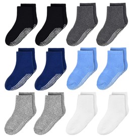 Elutong children, baby boys/girls non-slip socks with ABS (acrylonitrile butadiene styrene), 12 pairs, 1-10 years - 001 2 black + 2 white + 2 navy + + 2 light grey + 2 dark grey + 2 blue