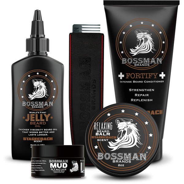 Bossman Complete Beard Kit - Men's Beard Oil Jelly, Fortify Shower Conditioner, Balm, Mustache Wax and Comb - Beard Softener, Growth, Care and Grooming Products Kit (Stagecoach)
