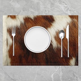 jejeloiu Cowhide Printed Placemats 12"x18", Cow Fur Table Place Mats Set of 4, Western Rustic Wildlife Animal Skin White Brown Indoor Outdoor Kitchen Dinner Party Decor Table Mats