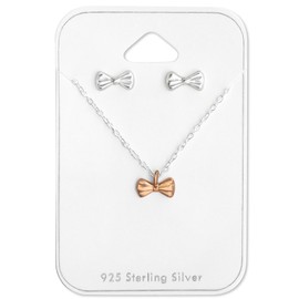 ICYROSE 925 Sterling Silver Rose Gold Tone Bow Necklace & Bow Stud Earrings Set 28938