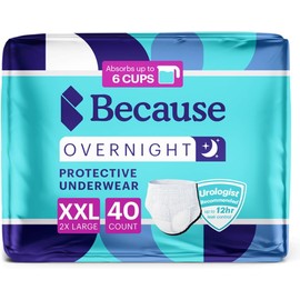Because Overnight Absorbency Pull Ups - Adult Disposable Incontinence Underwear, Extra Absorbent Nighttime Briefs for Men and Women, White, XXLarge, 40 Count (4 Packs of 10)