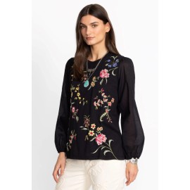 Johnny Was Sophie Mixed Media Tee Cotton Floral Embroidered Shirt Black Top NEW - Medium