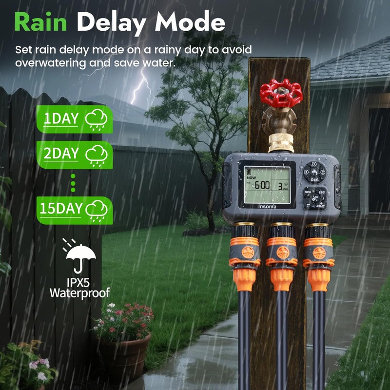 Insoma Water Timer with Brass Inlet, 3 Independent Zones Outdoor