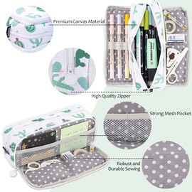 Pencil Case Large Capacity 3 Compartments Pen Holder Cosmetic Bag Organizer Office Supplies for School Students Boys and Girls, Cactus, pencil case