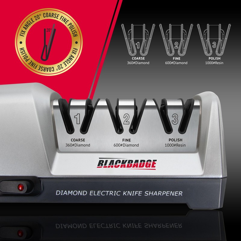 BLACKBADGE Professional Electric Knife Sharpener for Kitchen Knives, 3-Stages Sharpener