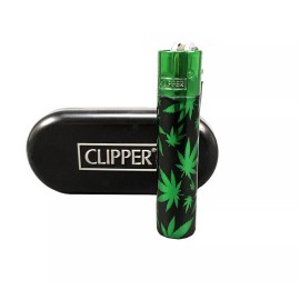 CLIPPER REFILLABLE FULL METAL LIGHTER GREEN LEAVES WITH METAL TIN 1 - 12 PACK - BLACK TOP