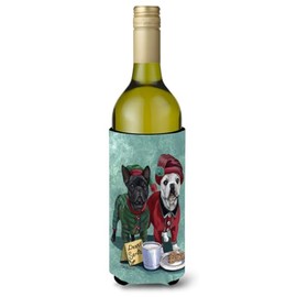 Caroline's Treasures PPP3097LITERK French Bulldog Christmas PJs Wine Bottle Hugger Bottle Cooler Sleeve Hugger Machine Washable Collapsible Insulator Beverage Insulated Holder