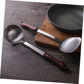 Mikinona Stainless Steel Kitchen Spatula Spoon Soup Ladle for Chinese Cooking Heat Insulated Wooden Handle Set of 2