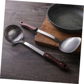 Mikinona Stainless Steel Kitchen Spatula Spoon Soup Ladle for Chinese Cooking Heat Insulated Wooden Handle Set of 2