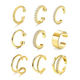 Morfetto 9 Pieces Gold Ear Cuff Earrings Non Piercing Fake Cartilage Cuff Earrings Shell Silver Cuffs Earrings for Women Clips Wraps Chunky Ear Cuff, Brass