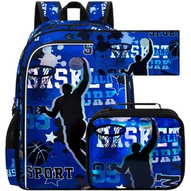 gxtvo 3PCS Boys Basketball Backpack, 17" Kids Bookbag with Lunch Box, Water Resistant Middle Elementary Preschool School Bag