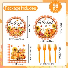 96Pcs Plaid Thanksgiving Plates and Napkins Sets, Pumpkin Sunflower Fall Decor, Disposable Autumn Maple Leaf Paper Tableware for Fall Harvest Party Thanksgiving Decorations, Serves 24