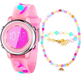Pecochime Children's Digital Wristwatch, For Ages 6-12, Girls, 7 Colors LED, Waterproof, Stopwatch, Alarm, Jewelry Set, Necklace, Bracelet, Seal, Gift Box, butterfly pink, girly