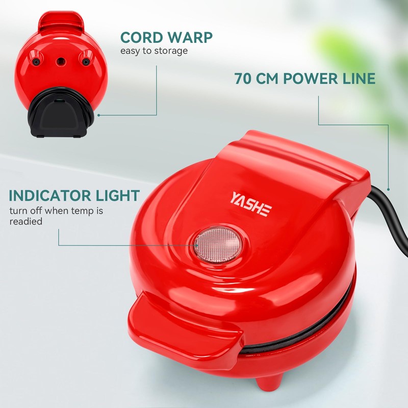 YASHE Mini Waffle Maker, 550W Waffle Iron, Ready Indicator Light,