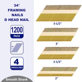 HW HAMWOO 34°Framing Nails,D Head Nail Pack,1200-Pack (2"- 240Pcs,2-1/2"- 320Pcs,3"- 320Pcs, 3-1/2"- 320Pcs),Galvanized Paper Tape Strip Nails,Smooth Shank,for 30 to 34 Degree Framing Nailer