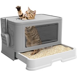 DWVO Enclosed Cat Litter Box with Lid, Two-Way Entry/Exit, Slide-Out Tray with High Edges, Litter Scoop, Self-Groomer, and Deodorizer Filter, Gray - 19" L x 15" W x 15" H