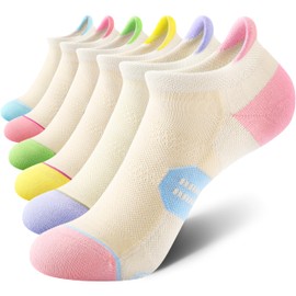 CS CELERSPORT 6 Pack Women's Ankle Running Socks Cushioned Low Cut Tab Athletic Socks, Cream Pastel, Medium