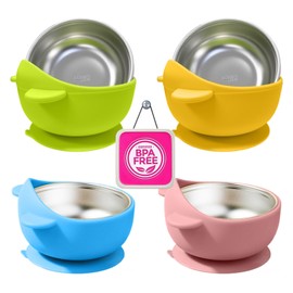 Stainless Steel Baby Bowls with Suction, 2-in-1 Toddler Feeding Set SUS304 Non-Toxic | Unbreakable & Anti-Scald | Super Strong Suction Base | Dishwasher Safe | Perfect Baby Gift - 4Pack Cu.Ft.