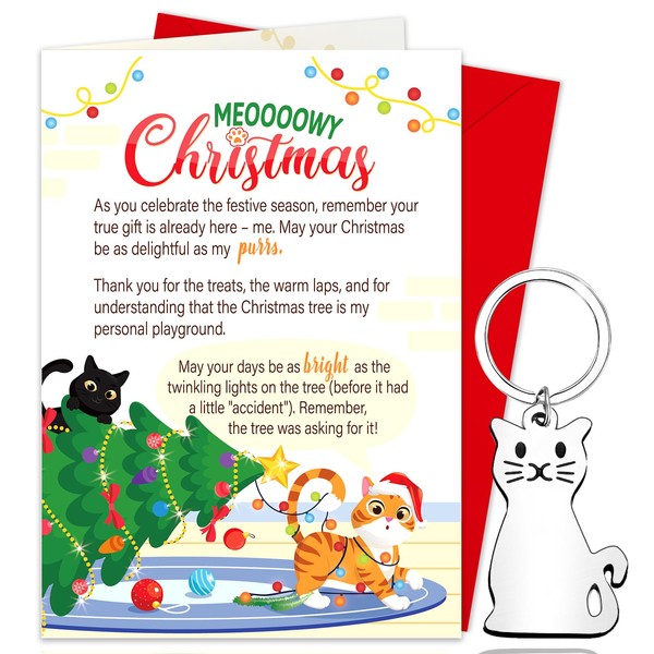 DPKOW Funny Cat Christmas Card Keyring Gifts, Xmas Christmas Card