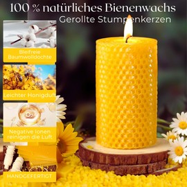 Set 3 Große Bienenwachskerzen| Groß Kerze aus Bienenwachsplatten| Stumpenkerzen aus Bienenwachs| Honigkerzen| Geschenke für Frauen, Herren| Kerzen Geschenk