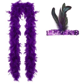 NHQZ Federboa, 1920 Women's Costume Accessory Set with Feather Headband, 20s Costume Women, Fluffy Feather Boa, purple