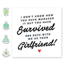 Funny Anniversary Day Card - '1 Year GF' - Romantic Gifts for Boyfriend, Boyfie, Partner - Thanks for Staying - Comes with Fun Stickers