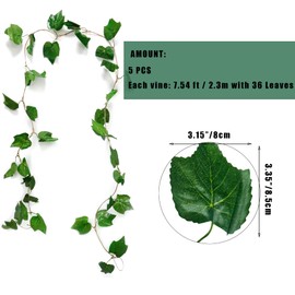 Tighall 5PCS 38 Feet Artificial Vines Greenery Foliage Garland Faux Green Leaves Decor Fake Hanging Plants for Bedroom Wall Wedding Indoor Outdoor Decoration (Grape Leaves)