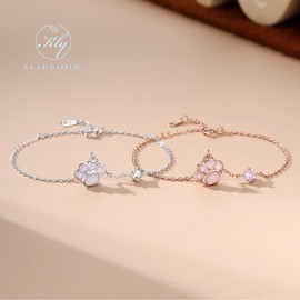K.L.Y Women's Cat Paw Bracelet, 925 Silver, Pink Crystal, Zirconia CZ, Hypoallergenic, Sterling Silver, Cute, Cat Bangle, Bracelet, Popular, Anniversary, Gift, Stone Silver Metal, Cubic Zirconia