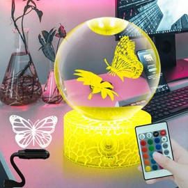 Fanrui Unique 3D Butterfly and Lily Flower Figurines Crystal Ball Night Light, Butterfly Lamp, Glass Ball Light with Remote Control and Dimmer, Gifts for Her,Women,Girls.Mom,Girlfriend,Wife,Teens