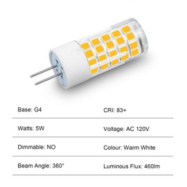 LFLAMPON G4 LED Bulbs 120V G4 Bi-Pin Base Light Bulbs 120V 5W Warm White 3000k Equivalent to 40W Halogen for Under-Cabinet Ceiling Table Puck Lights (Pack of 5)