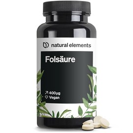 natural elements Folic Acid - 400 Tablets - 400 mcg per Daily Dose - Desire for Children and Pregnancy - Vegan, High Dose, No Unnecessary Additives - Produced in Germany & Laboratory Tested