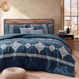 MAIREVE Embroidery Full Size Comforter Set Navy Blue, Farmhouse Western Boho Bedding Set 7 Pieces, All Season Bed in A Bag Comforter Set with Sheets, Pillowcases & Shams