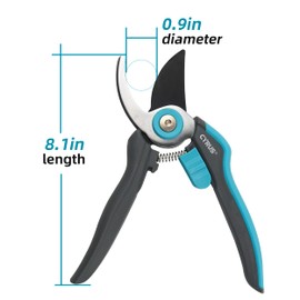 Tijeras de podar para jardinería de acero inoxidable de 8 pulgadas, tijeras de podar de derivación, cuchillas de acero con corte ajustable de hasta 5/8 pulgadas, revestimiento antiadherente