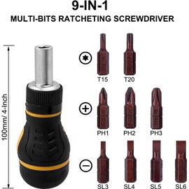 9 in 1 Stubby Ratcheting Screwdriver, Bestgle Mini Multi-Bit Magnetic Screwdriver Tool with Torx Security, Flat Head, Phillips and 1/4 Nut Driver